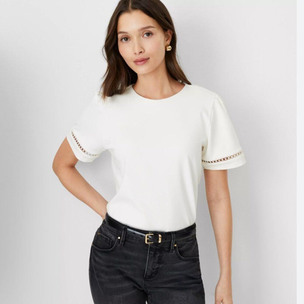 Ann Taylor Lace Inset Puff Sleeve Top - Size L - NWT